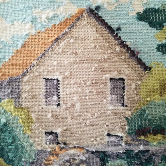 Vtg NEEDLEPOINT Tapestry- Cottage and Water Mill - Picture 10 of 10